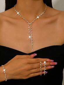 4pcs/Set Bridal Zirconia Jewelry Set - Necklace, Earrings, Bracelet Sparkling & Elegant Tassel Jewelry Set, Suitable For Wedding Party Accessories