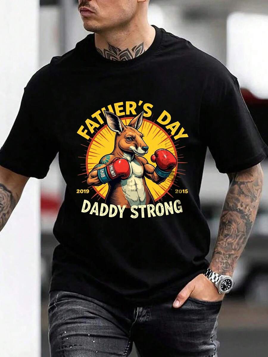 Men's Novelty Cotton T-Shirt, Black Tee With Boxing Kangaroo, Father's Day Art Print Summer Tops For Men. Camisas Para Hombre,Perfect For Fathers Dad Gift,Machine Washable. - Black - View 1