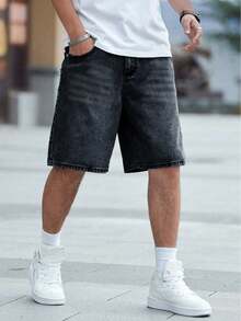 European And American Style Black Casual Slim-Fit Straight Denim Shorts For Teenagers