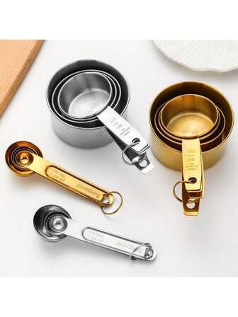 8pcs Stainless Steel Measuring Cups & Spoons Set, Coffee, Seasoning & Baking Kitchen Tools