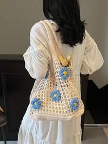 Bolsa tote de malha com flores vazadas, bolsa de ombro feminina de grande capacidade para férias casuais, bolsa de praia para compras da moda