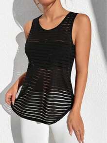 1 pieza Conjunto deportivo informal para mujer talla grande, top corto transparente de espalda de tirantes anchos - Negro - Ver 3