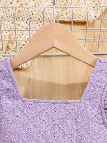 Girls' Casual Comfortable Simplistic Solid Color Bowknot Hollow Floral Embroidered Dress, Spring/Summer - Purple - View 4