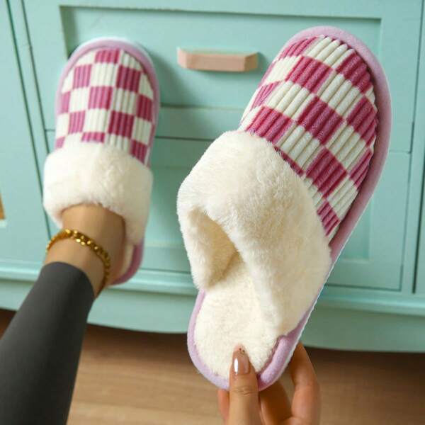 1 Coppia di Eleganti Ciabatte da Donna con Motivo a Quadri, Pantofole da Casa per Donne, Autunno/Inverno