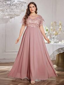 UNITHORSE 大码女式重磅刺绣雪纺宴会连衣裙