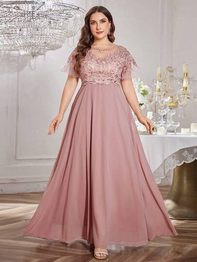 UNITHORSE 大码女式重磅刺绣雪纺宴会连衣裙