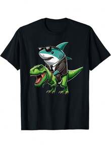 Camiseta de Tiburón Montando Dinosaurio Tiburón Montando T-Rex Amante de Tiburones Jawsome - Negro - Ver 2