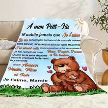 1pc Comfortable Fleece Blanket With Grandmother To Grandson Theme, Featuring Warm Love And Encouragement Text In French, Ideal For Family Coziness, Gift For Grandson