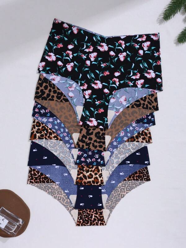 Set de 6 bragas con estampado floral y de leopardo de cintura alta, ropa interior cómoda y elástica para uso diario para mujeres