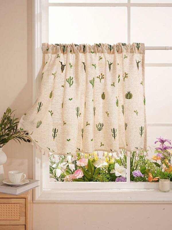 1pc Minimalist Fresh Cactus Embroidery Tasseled Rod Pocket Small Curtain, Coffee Curtain, Home Decor