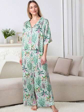 Women 2Pcs Floral Print Casual 3/4 Sleeve Top And Pants Set, Thin Outfit