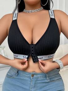 Plus Size Women's Front Closure Wireless Bra With Silver Ribbon