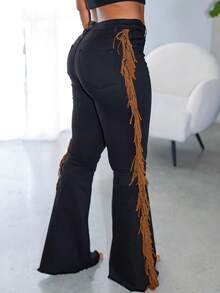 Y2K 牛仔西部音乐节摇滚风格撞色流苏松紧腰喇叭腿休闲棉质女式牛仔裤 - 黑色 - 查看 4