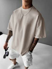 Men's Solid Color Round Neck Casual Short Sleeve T-Shirt For Commuting, Summer - 卡其色 - 查看 4