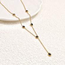 1pc 18K Gold Plated Stainless Steel Y-Chain Necklace With Black Zirconia Water Drop Tassel Pendant, Fashion Jewelry Suitable For Women's Daily Wear Or Holiday Gifts
