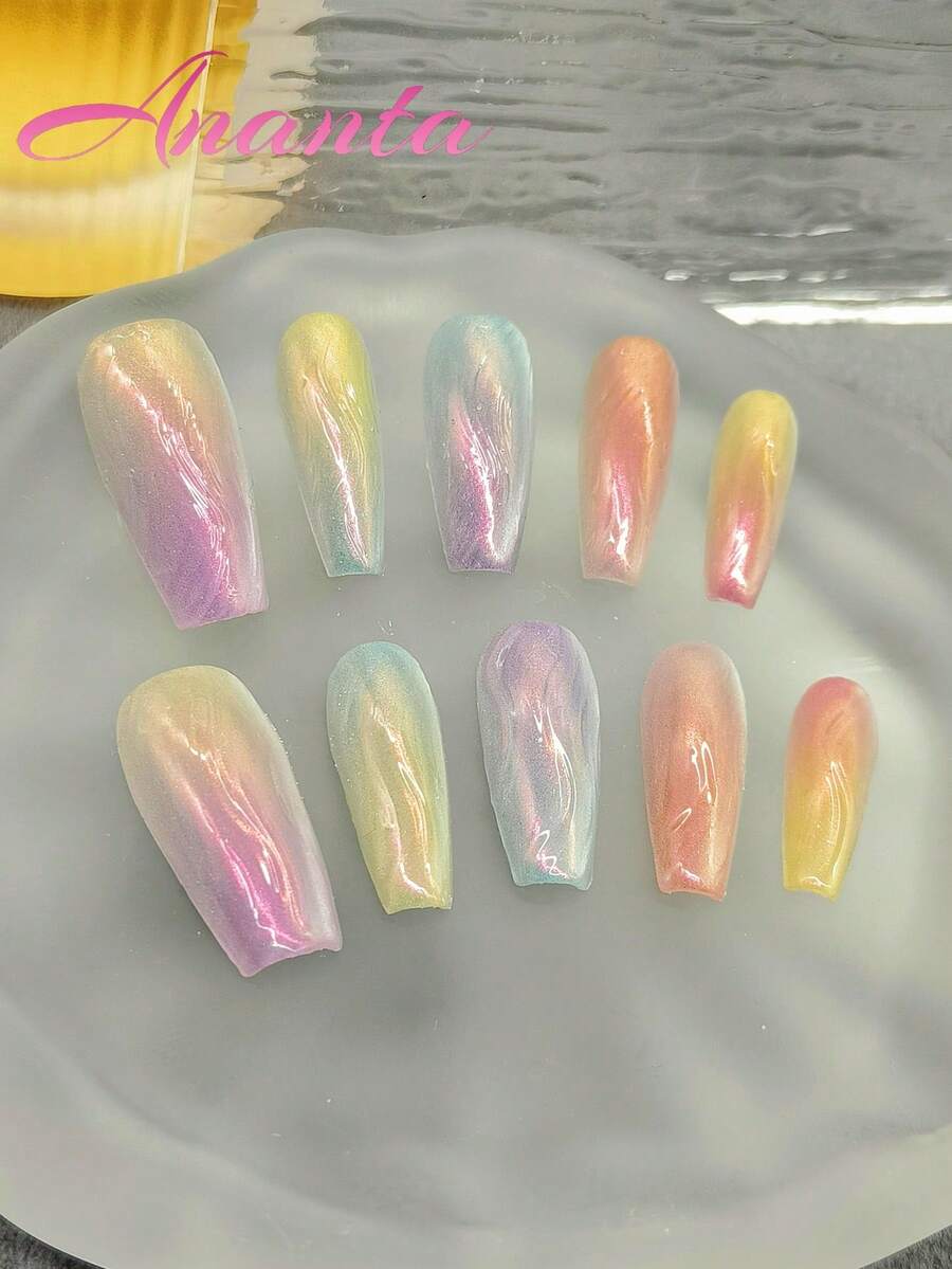 10 片指甲片，棺材形状，纯手工多巴胺，甜美女孩，多色光晕染色，渐变爱心，水钻按压指甲按压指甲美甲用品 - 彩色 - 查看 1