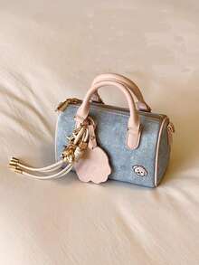 复古荔枝纹 PU 保龄球包，休闲手提包单肩包斜挎包枕头包，适合秋冬季上班通勤 - 藍色 - 查看 3