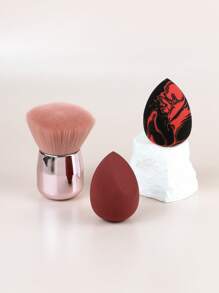 Juego de 3 piezas de herramientas de maquillaje, que incluye esponjas y pinceles de maquillaje con mango corto multifuncional para la cara, pincel para polvo, pincel para rubor, borla de maquillaje, pincel de maquillaje con mango revestido, adecuado para maquillaje facial, uso en seco y húmedo de la esponja de maquillaje, esponja de maquillaje libre de látex, para tocador, herramientas de belleza.