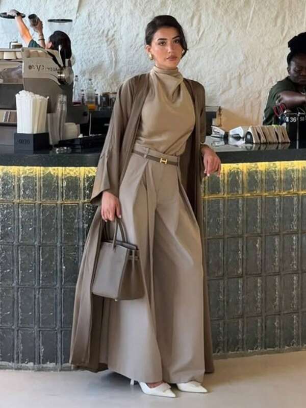 1 peça de cetim liso com cinto e cinto elegante para mulheres, vestido longo, robe abaya, modesto