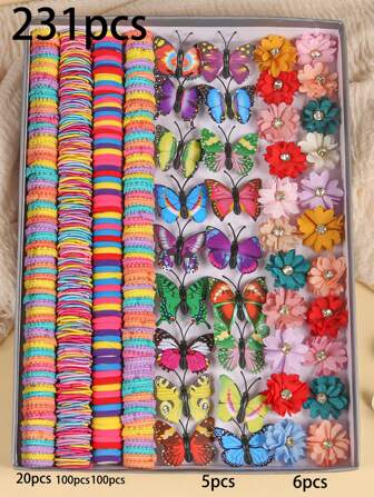 231 件/套彩色发饰套装，包含带水钻的花卉发夹、蝴蝶发夹和各种发带，适用于马尾辫、辫子和发髻，日常必需品 - OPP 袋包装