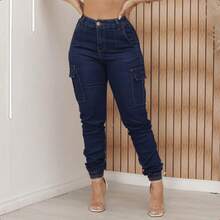 Women's High Waisted Cargo Jogger Pants Premium Twill Side Pocket, Women's High Waisted Cargo Jogger Jeans With Lycra, Women's High Waisted Butt Lifting Cargo Jeans - 藍色 - 查看 6