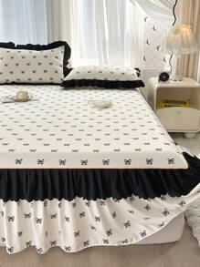 3pcs Bedding Set (1pc Bed Skirt + 2pcs Pillow Cases), Cute Romantic Floral & Bow Design With Double Ruffled Skirt, Elegant French Style, Suitable For Queen/Twin Bed, All Season
