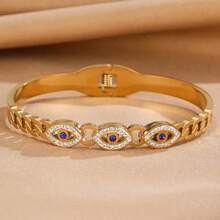 [Stainless Steel Evil's Eye Bangle] Stainless Steel Evil's Eye Pattern Bangle, Lucky Rhinestones Cuff Bracelet For Men Women, Fashion Jewelry