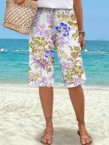 时尚轻盈优雅百搭修身女士短裤，花卉印花，休闲度假/户外/办公室穿着，适合春夏季 - 黃色 - 查看 1