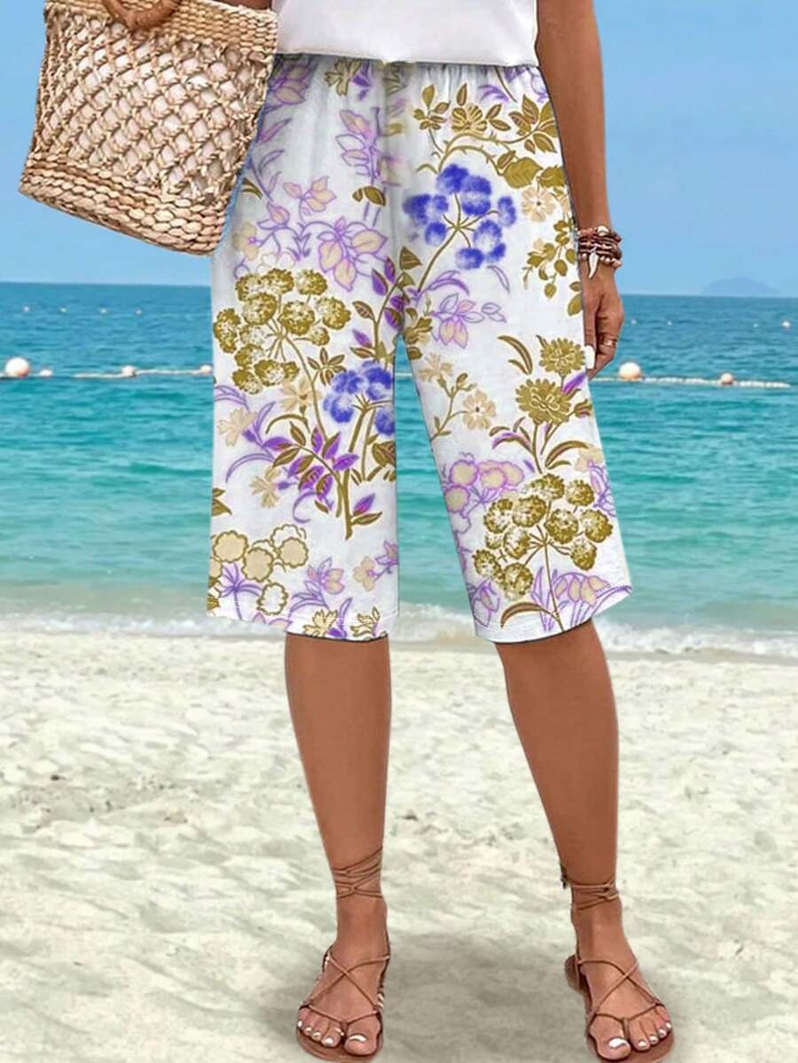 时尚轻盈优雅百搭修身女士短裤，花卉印花，休闲度假/户外/办公室穿着，适合春夏季 - 黃色 - 查看 1