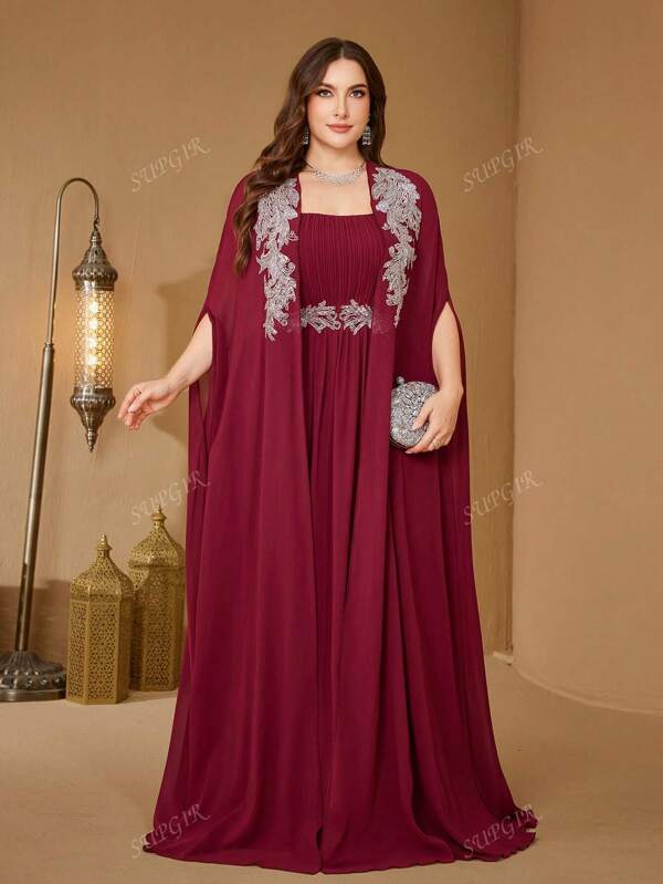SUPGIR Plus Women's Stand Collar Cape Sleeve Sequin Patchwork Slim-Fitting Chiffon Temperament Evening Dress