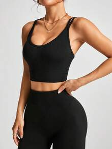 1 szt. Damski top z odkrytymi plecami i krzyżowym dekoltem, sportowy top do biegania na świeżym powietrzu, do jogi i na siłownię, czarny