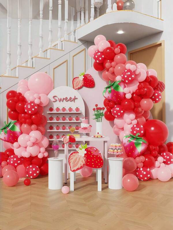 Kit de arco y guirnalda de globos para decoración de fiesta de fresa en rojo y rosa, 121 globos rosas con globo de lámina grande de fresa para fiesta de primer cumpleaños de Bebé con tema de frutas, accesorios para baby shower