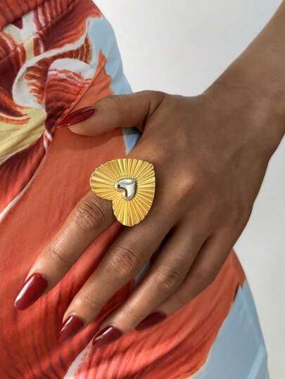 Frminee 1pc Summer Women's 18k Gold Plated Gold And Silver Heart Shaped Simple Stainless Steel Ring, Suitable For Daily Decoration Or Gift Giving Valentine's Day, Party, Holiday, Daily Wear