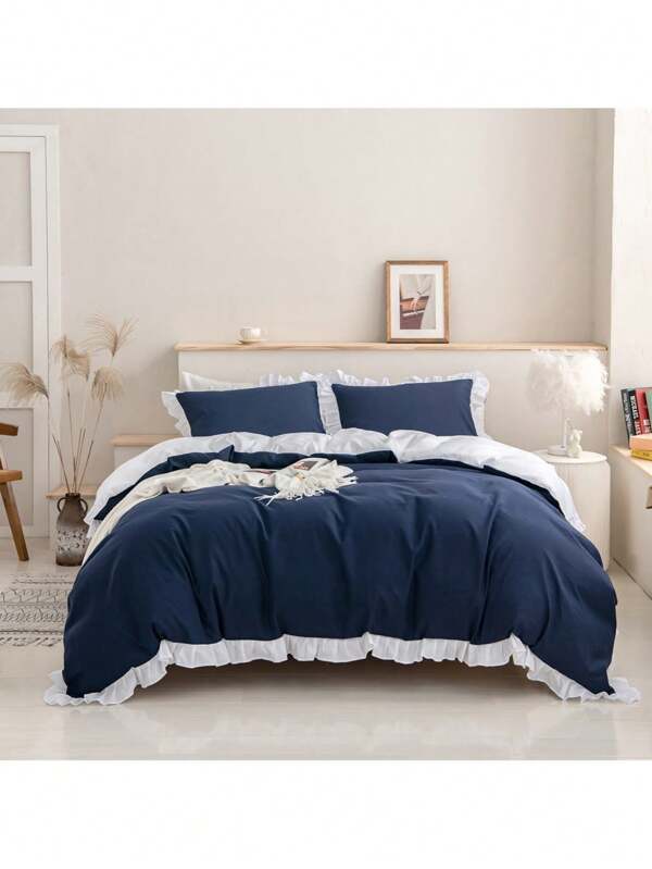 3-Piece Down Duvet Cover Set, Double Tone Ruffle Pattern Soft And Comfortable Down Duvet Cover, Bedding Set, Suitable For Bedrooms And Guest Rooms (1 * Down Duvet Cover+2 * Pillowcase, Coreless)