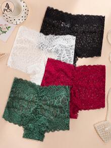 4 piezas de bragas de encaje elegantes y cómodas, de estilo europeo, transpirables, en colores de dopamina variados, sin costuras, de diseño deportivo y divertido para mujer - Multicolor - Ver 1