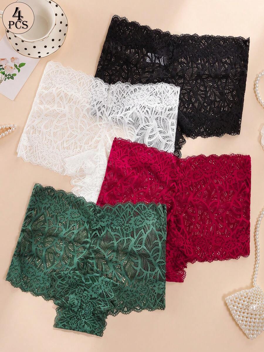 4 piezas de bragas de encaje elegantes y cómodas, de estilo europeo, transpirables, en colores de dopamina variados, sin costuras, de diseño deportivo y divertido para mujer - Multicolor - Ver 1