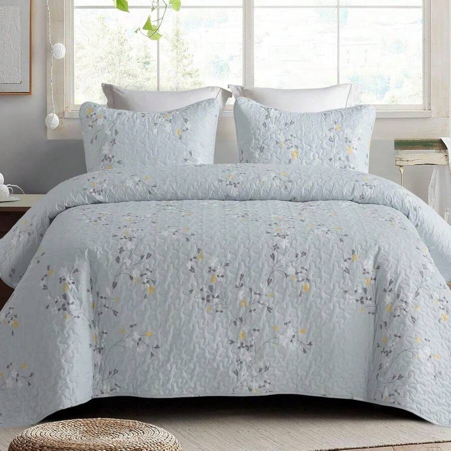 Local Delivery, Fat Quilt Set -Reversible Boho Quilt Set Queen Size, 3 Pieces Patchwork Gray All Season Bedspreads, Ultra Soft Floral Coverlet Bedding Set With Printed Pattern (1 Quilt, 2 Pillow Shams) - Floral-light Blue - View 1