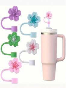 2pcs Cherry Blossom Design Silicone Straw Sleeve & Dust Cover, Fit 10mm/0.4 Inch Straws