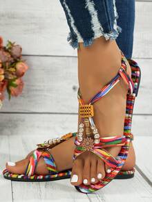 Lightweight Bohemian Flat Sandals, Casual Versatile Rainbow Roman Sandals For Teens, Summer