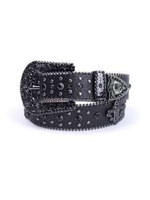 男女通用水钻镶嵌西式腰带，适合女性牛仔裤秋季、秋季、万圣节 - 黑與白 - 查看 6