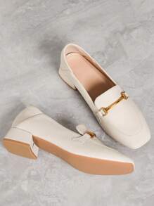Women's Black Chunky Heeled Casual & Work Shoes, Square Toe Fashion Slip-On Loafers For Spring, Autumn, Winter
