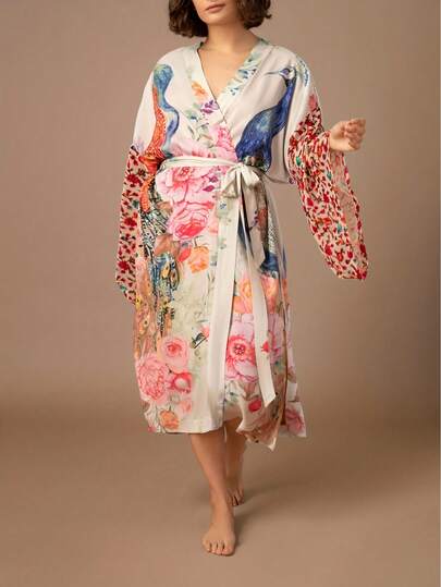 Plaque-Sized Women's Printed Beach Blouse, Peacock Pattern Positioning Printed Belt, Beach Vacation Style Long Cardigan Wrapped Dress
