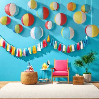 15Pcs Pool Party Decoration Beach Ball Paper Lantern - Summer Hawaii Theme Hanging Decoration Home Birthday Outdoor Indoor, Summer Pool Party Decoration, Colorful Hanging Paper Lantern Suitable For Beach Birthday Outdoor Indoor Decoration, Beach Party Decoration, Beach Ball Paper Lantern Decoration, Colorful Hanging Round Paper Lantern, Suitable For Birthday, Beach, Summer, Swimming Pool, Indoor, Outdoor Party Supplies Decoration