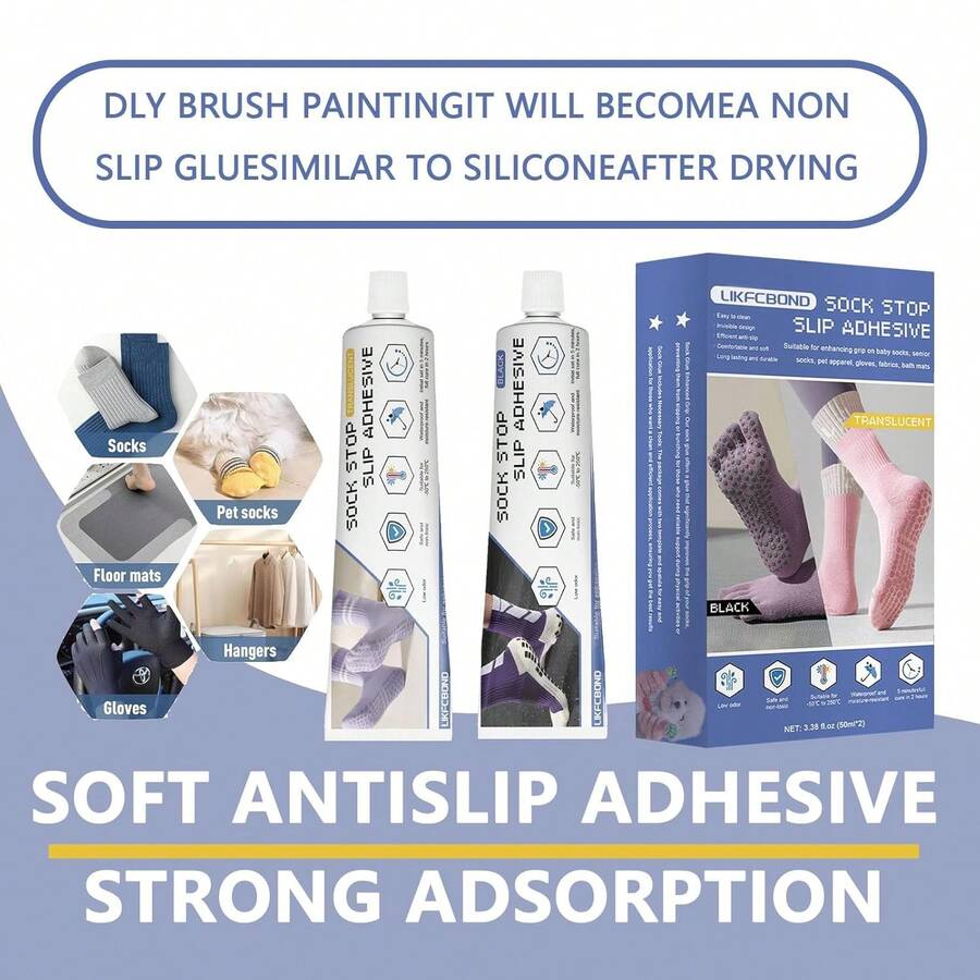 Anti Slip Sock Glue, 3.38 Floz Sock Stop Glue, Transparent Washable Fabric Paint Soft Non-Slip Adhesive For Socks, Pet Socks, Floor Mats, Blankets (Clear & Black) - 1 - Xem 1