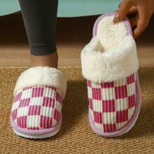 1 Coppia di Eleganti Ciabatte da Donna con Motivo a Quadri, Pantofole da Casa per Donne, Autunno/Inverno
