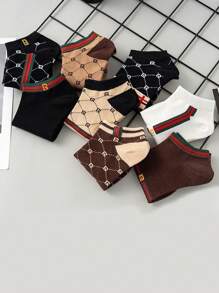 8 Pairs Women's Short Socks, Multicolor Letter & Stripe Pattern, French Luxury Retro Style, Versatile Ladies Socks
