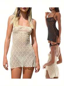 Women See Through Mini Dresses Sheer Lace Side Slit Backless Sling Dresses - White - View 5