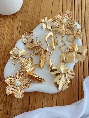 Set de 12 piezas/6 piezas de pendientes de aro exagerados de metal con estilo de moneda antigua, flores de perlas falsas, hojas de arce y gota de agua, de estilo geométrico asimétrico y elegante vintage, ideales para mujeres en fiestas, eventos, citas y uso diario.