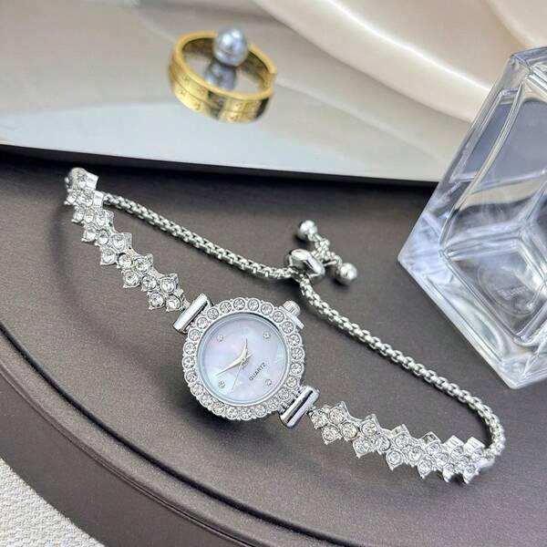 Montre-bracelet à la mode et décontractée pour femme, joli cadran rond en métal, bracelet de luxe orné de strass, montre à quartz, cadeau