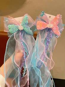 1pc Women's Ombre Glitter Hair Clip, Mermaid Princess Style Chiffon Bowknot Streamer Barrette Without Card